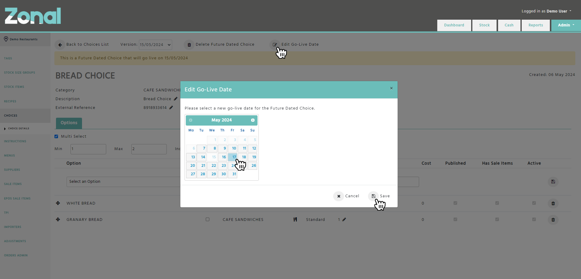 Enterprise - Stock Admin - Future Dated Choices