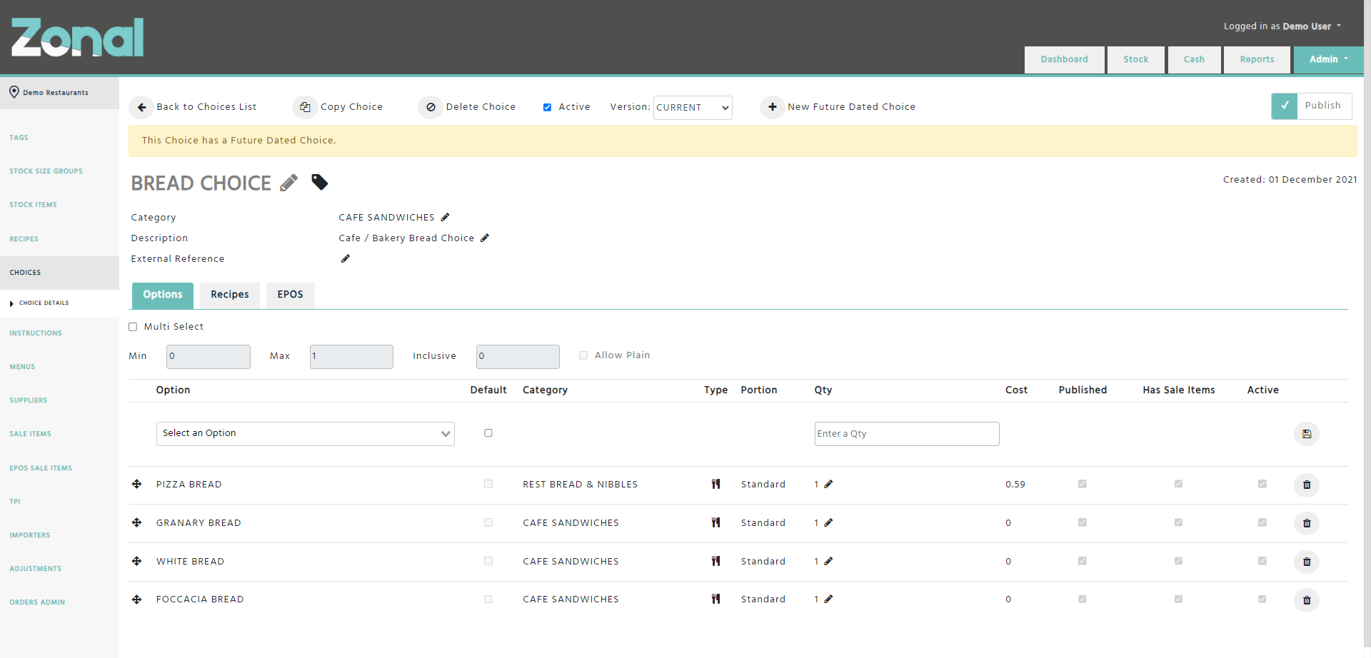 Enterprise - Stock Admin - Future Dated Choices